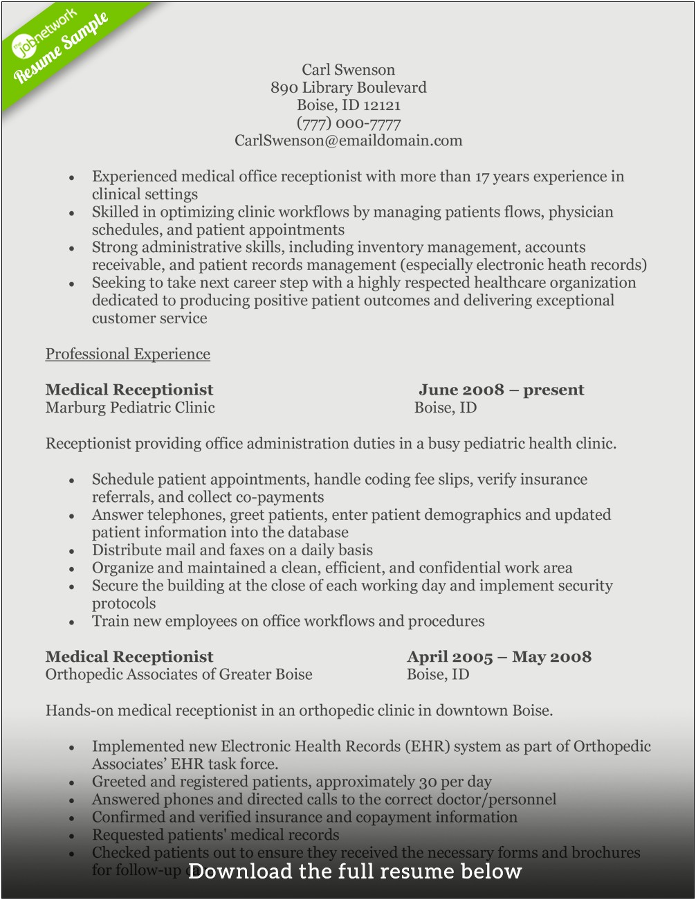Free Resume Templates For Receptionist Position