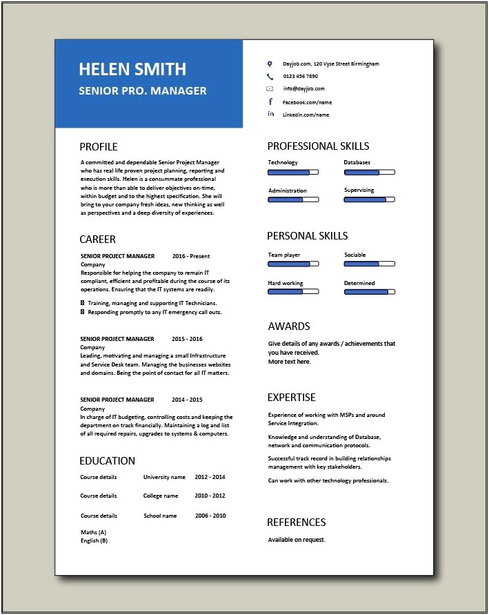 Free Resume Templates Senior Project Manager