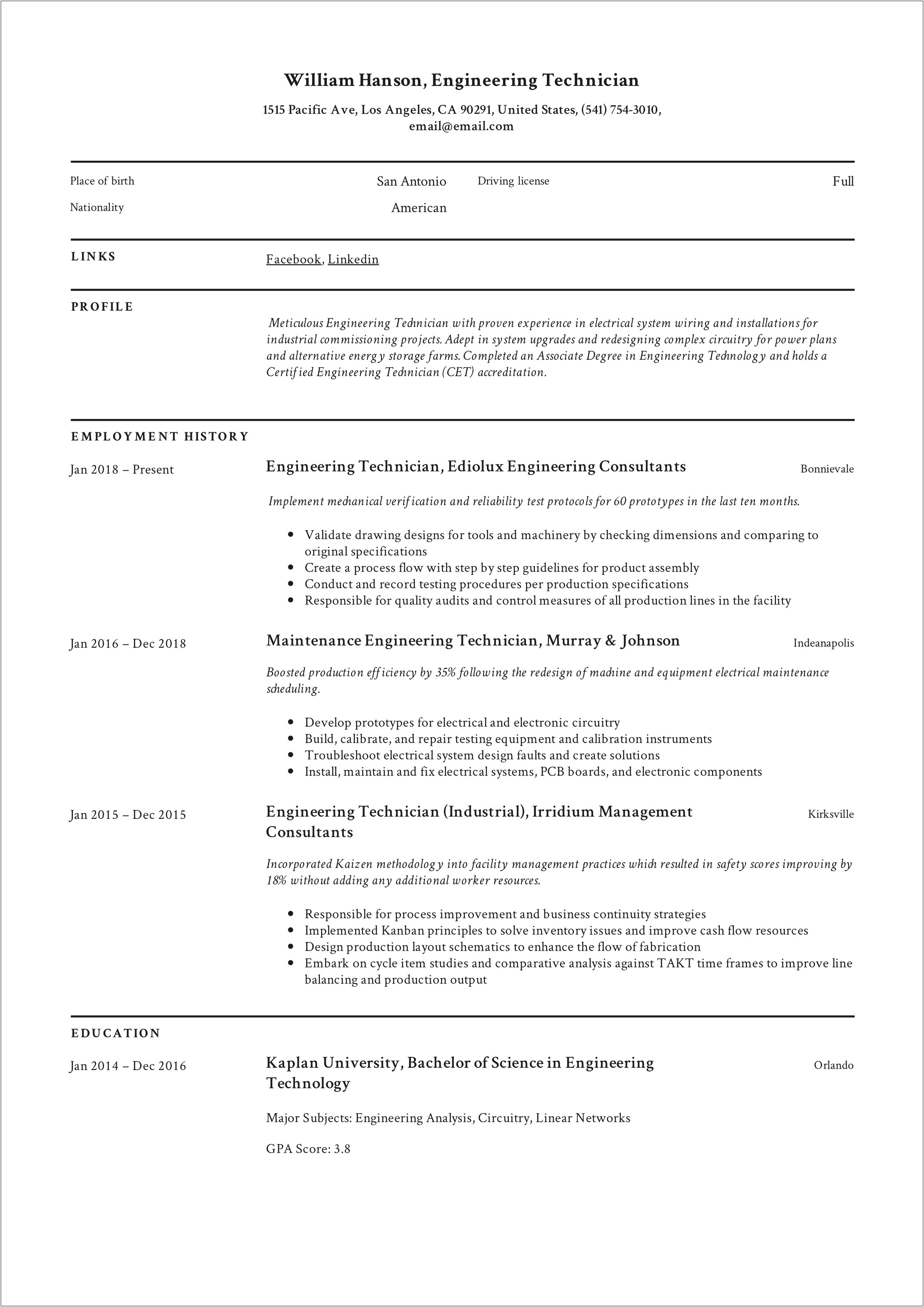Free Resumes Examples Manufacturing Engineer