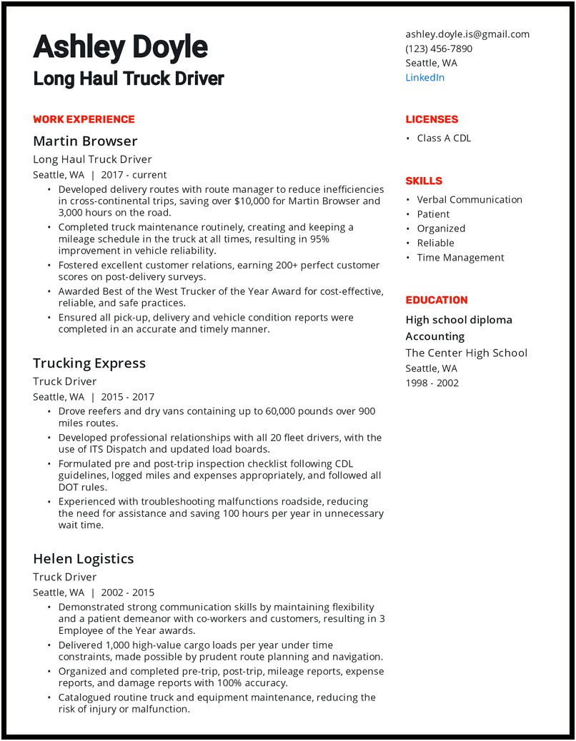 Free Resumes Of Truck Drivers