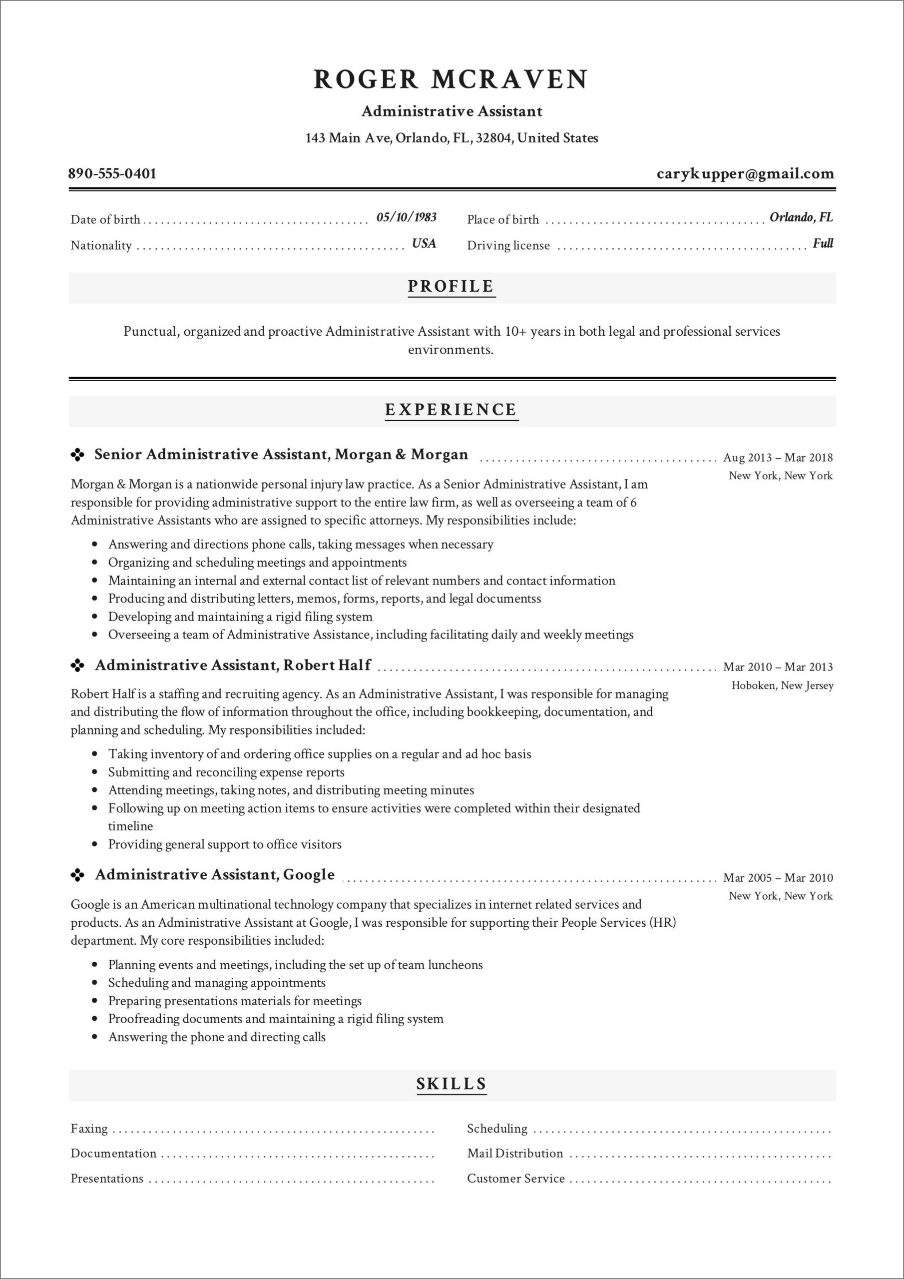 Free Sample Administrative Assistant Resume