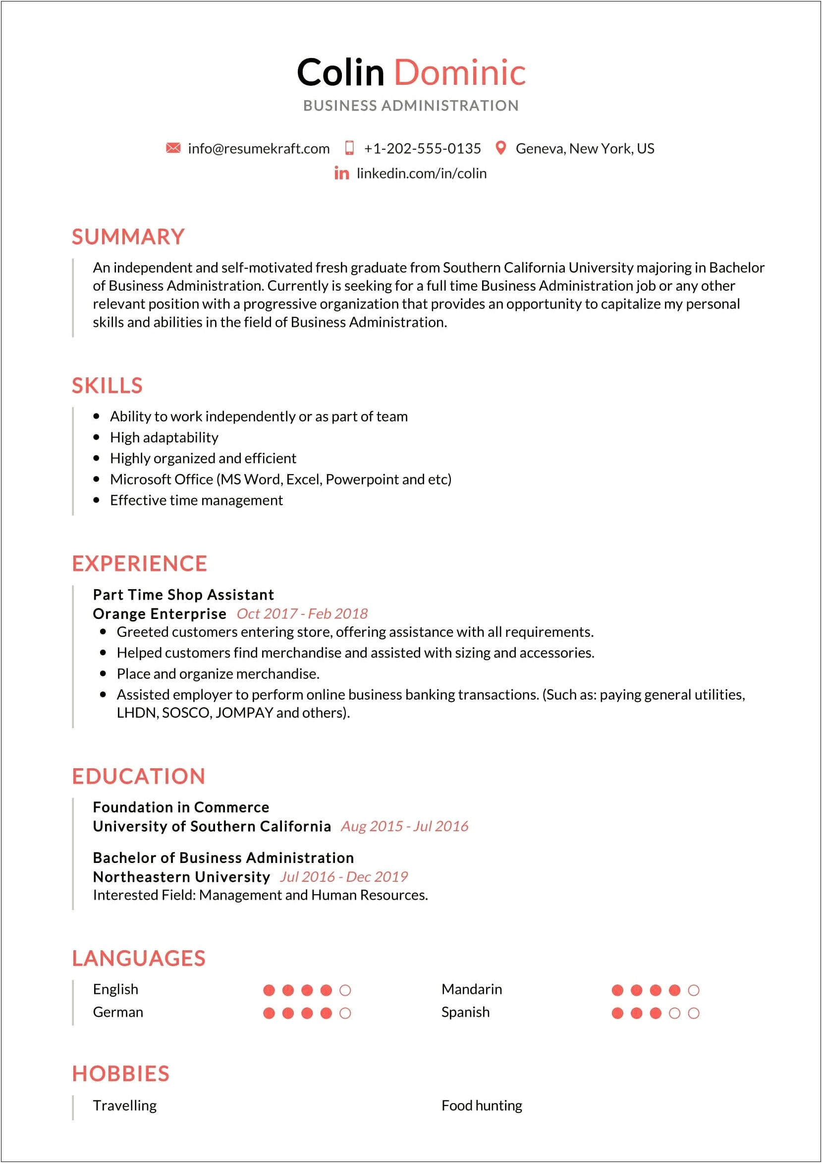 Free Sample Business Administration Resume