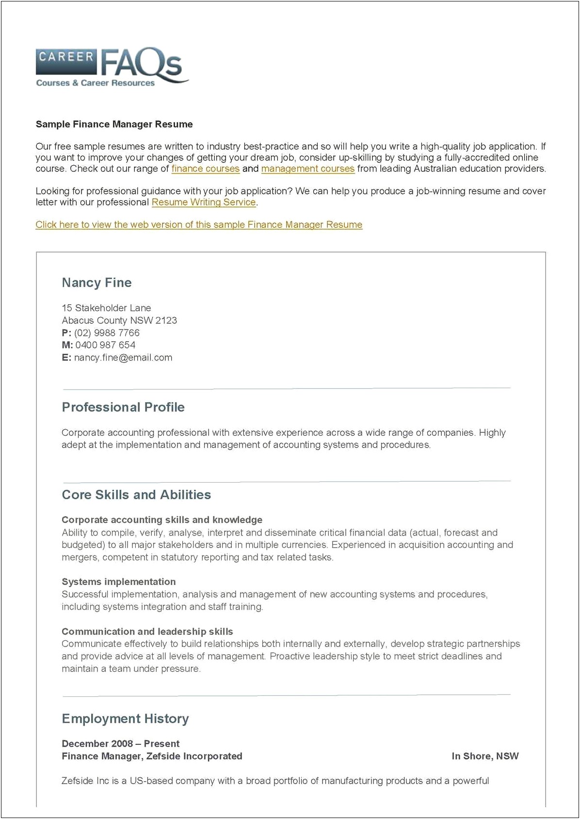 Free Sample Finance Manager Resume