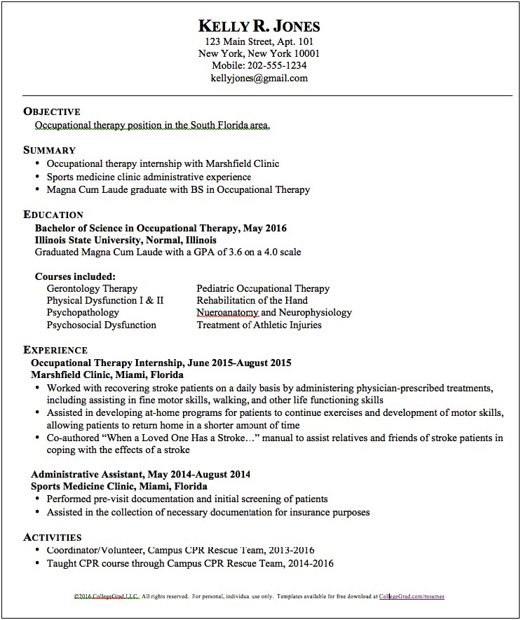 Free Sample Occupational Therapy Job Resume Template