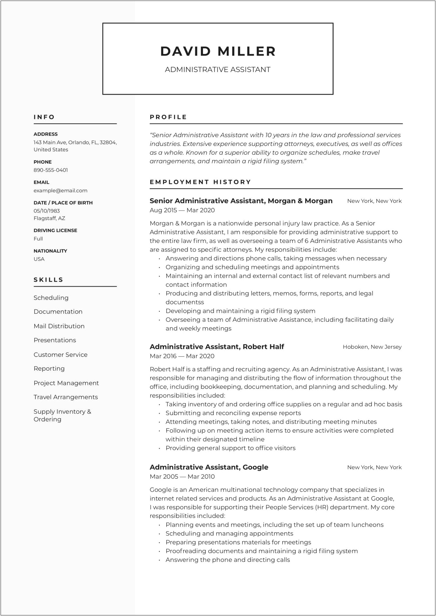 Free Sample Of Resume For Administrative Assistant