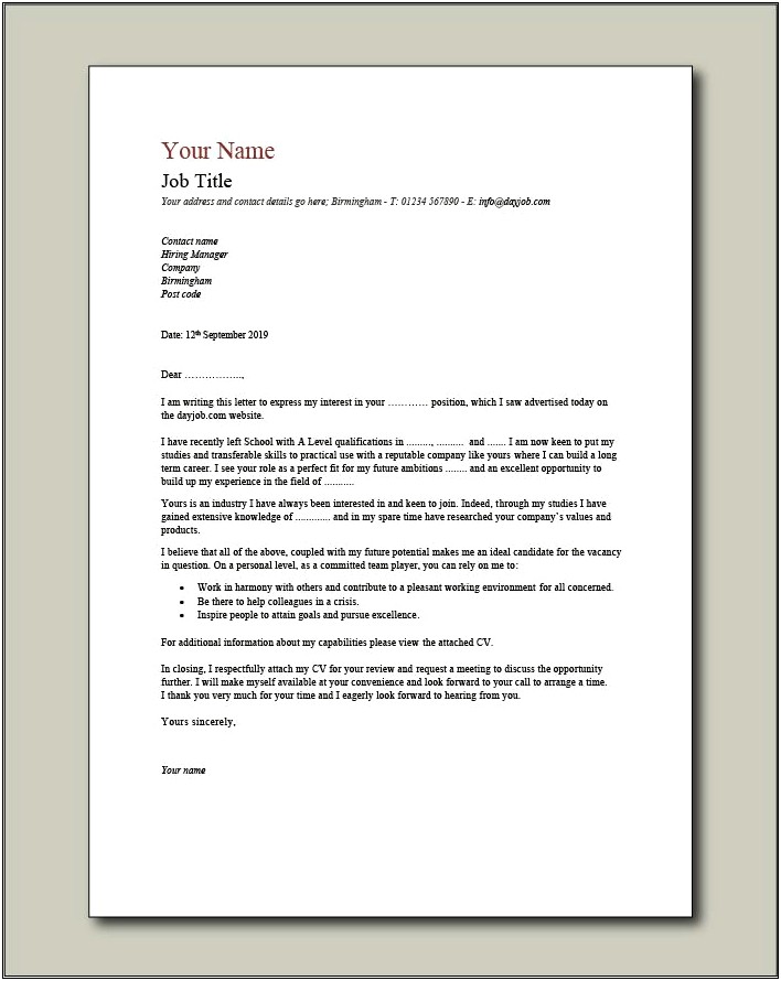 Free Sample Professional Cover Letter For Resume