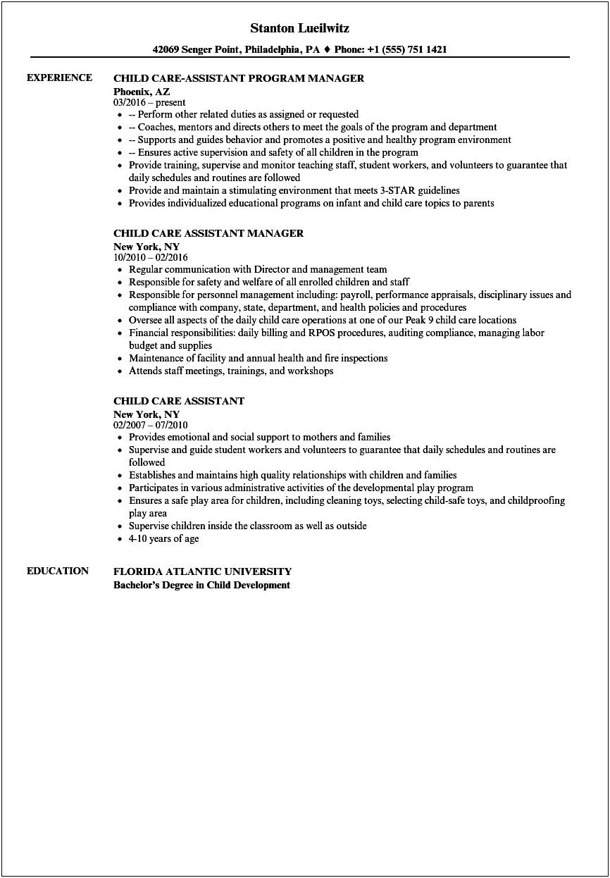 Free Sample Resume Child Care Worker