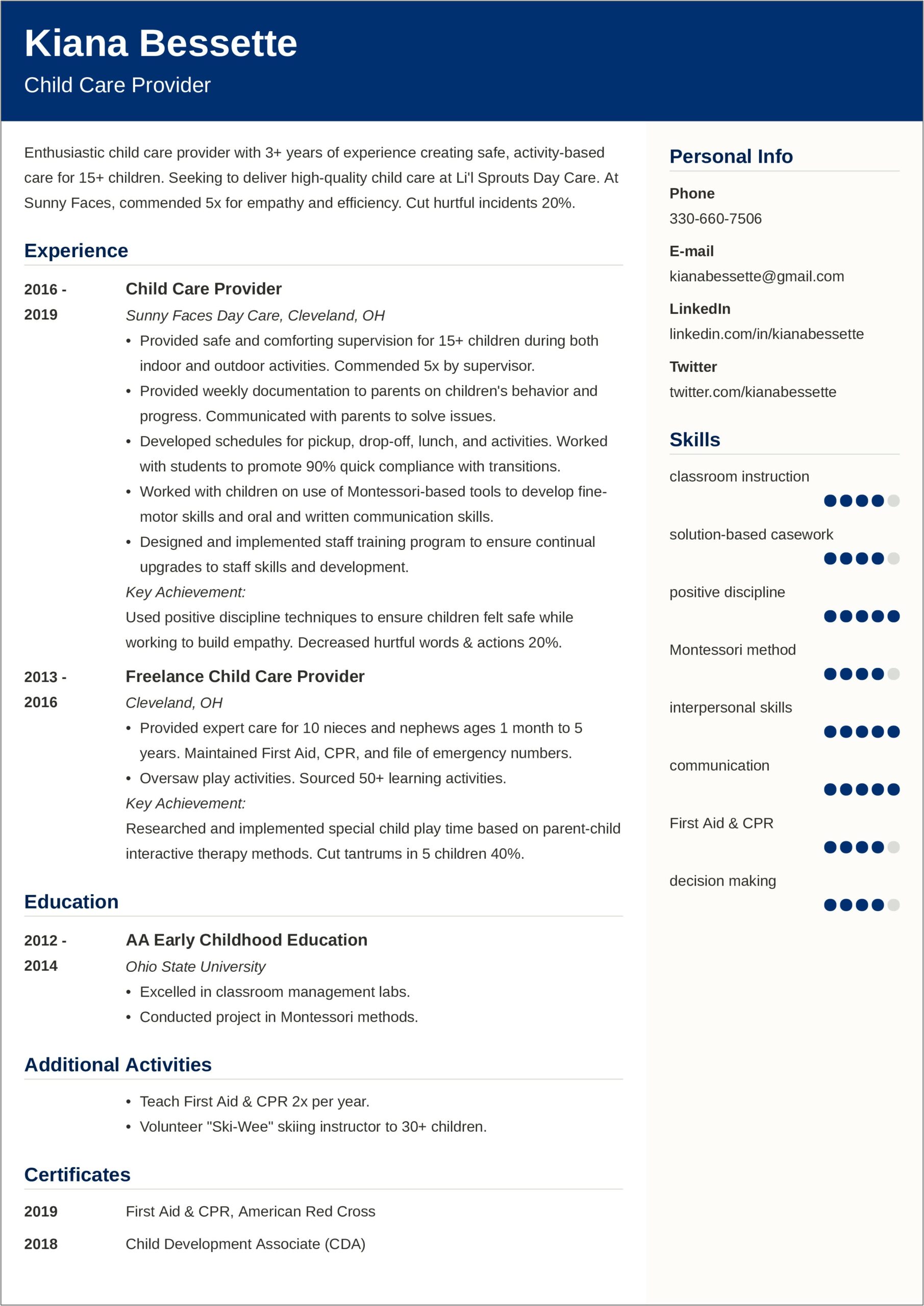Free Sample Resume For Child Care Provider