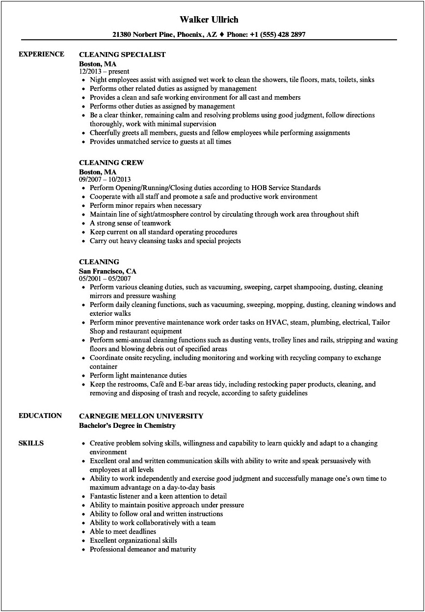 Free Sample Resume For Cleaning Service