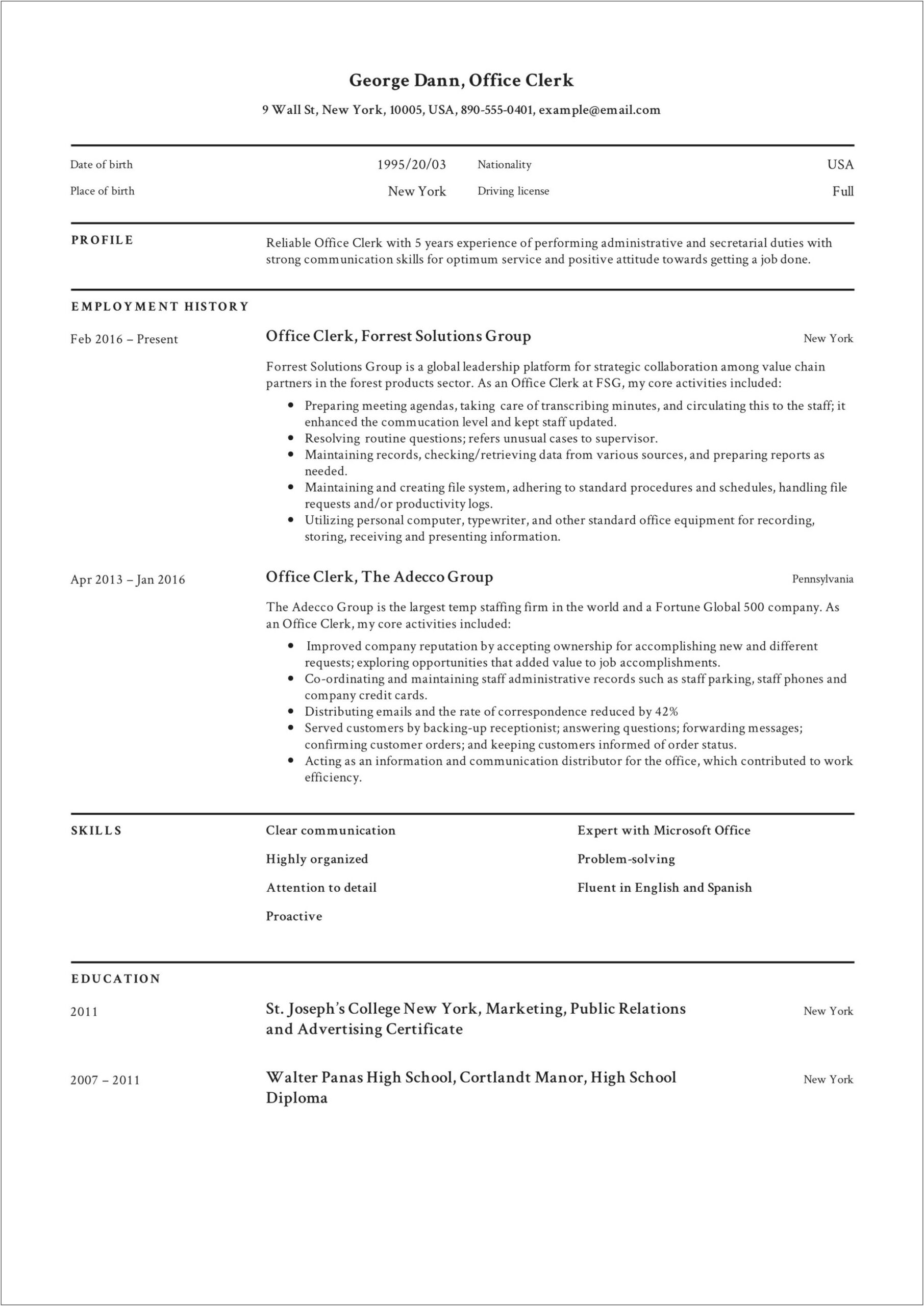 Free Sample Resume For Clerical Position