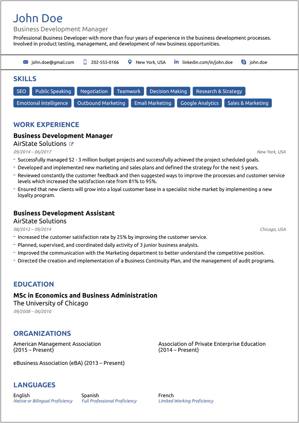 Free Sample Resume For Management Position
