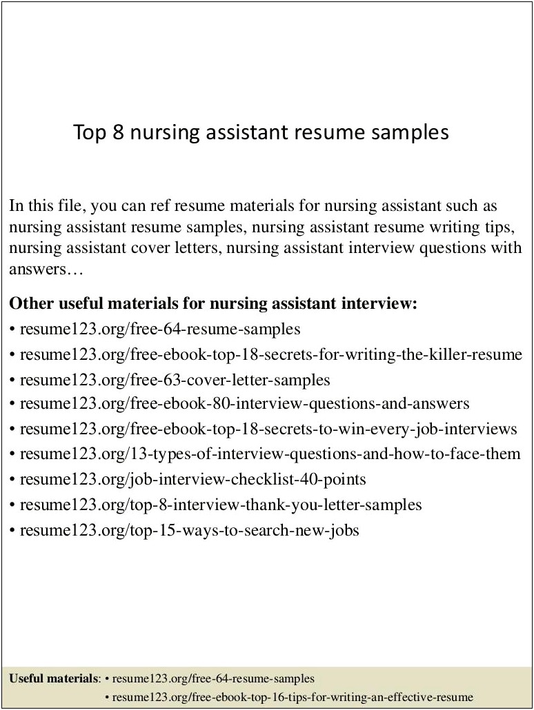 Free Sample Resume For Nursing Assistant