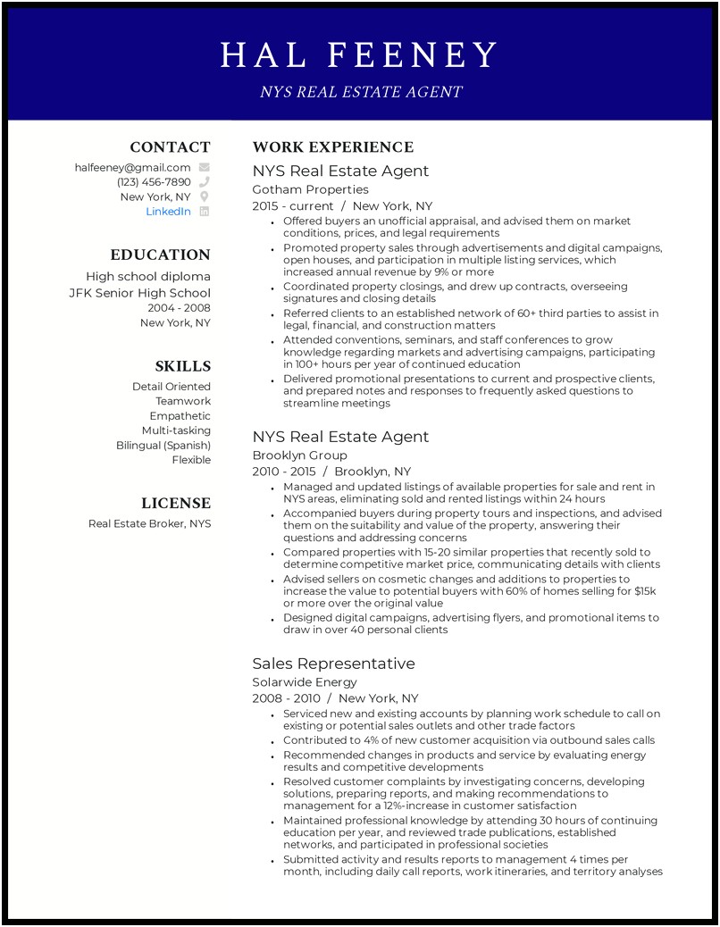 Free Sample Resume For Real Estate Agent