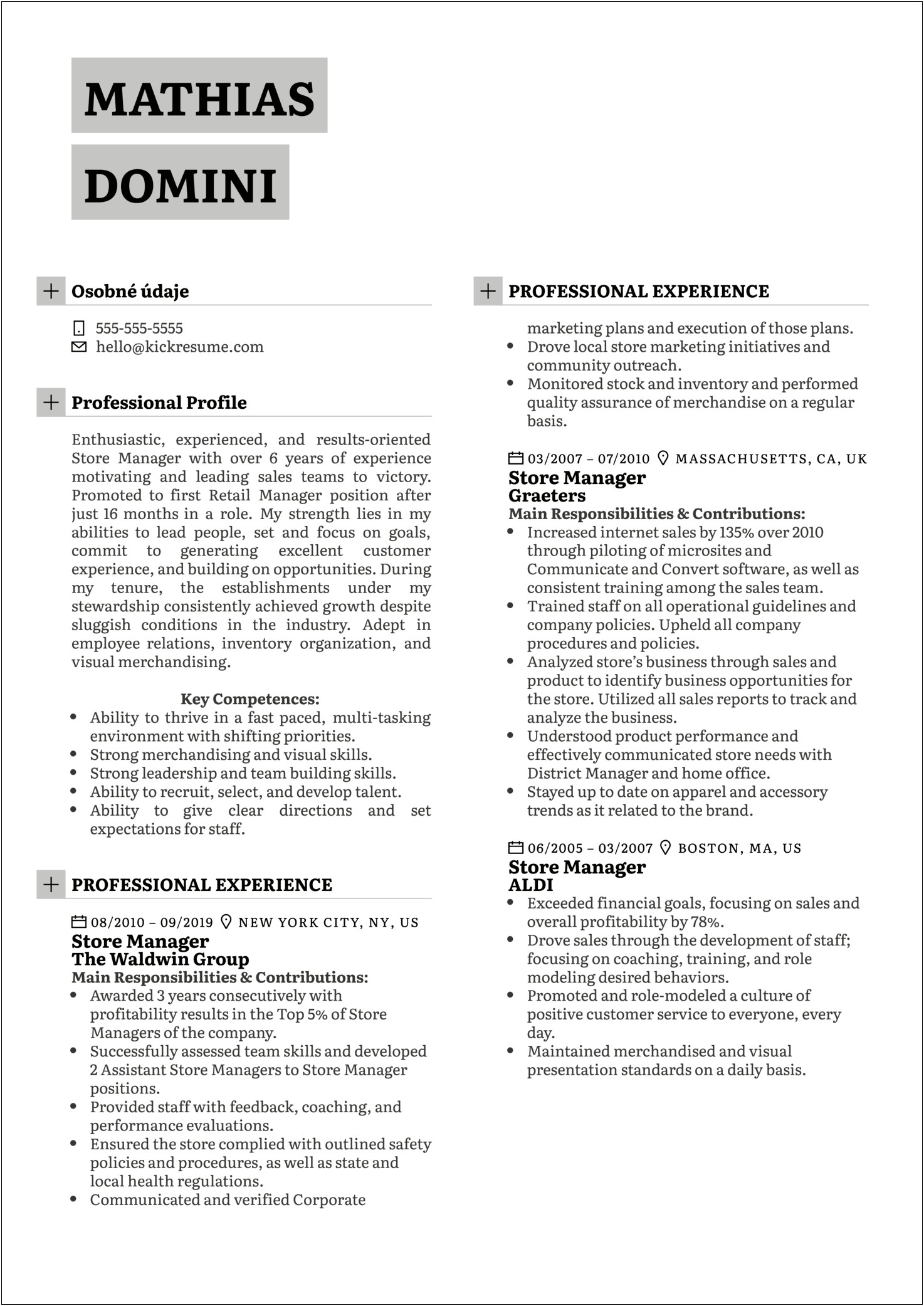 Free Sample Resume For Retail Store Manager