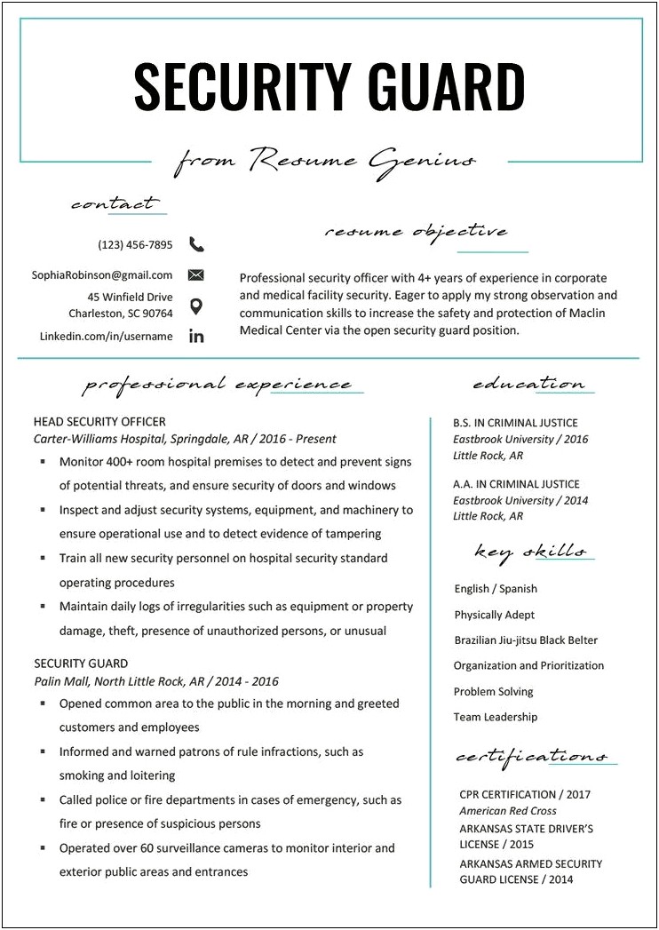 Free Sample Resume For Security Guard