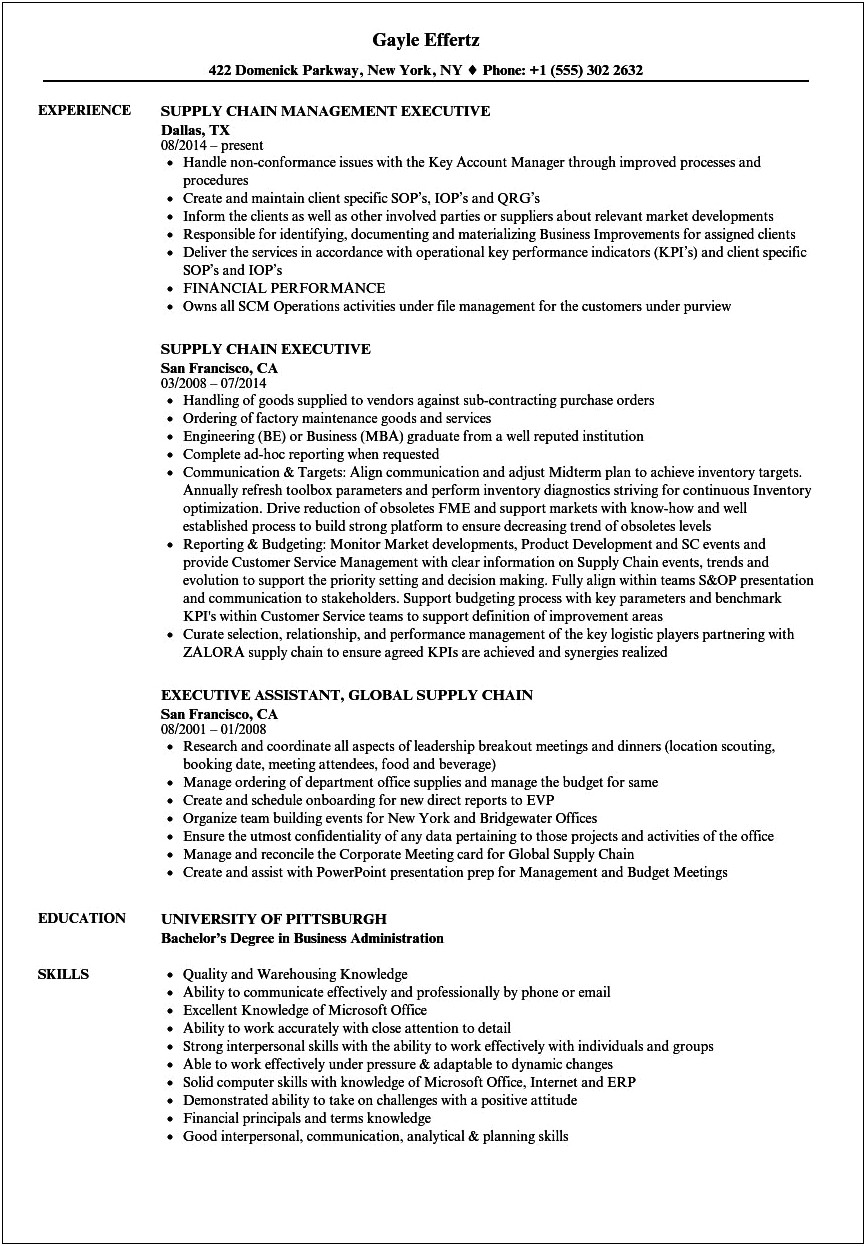Free Sample Resume For Supply Chain Management