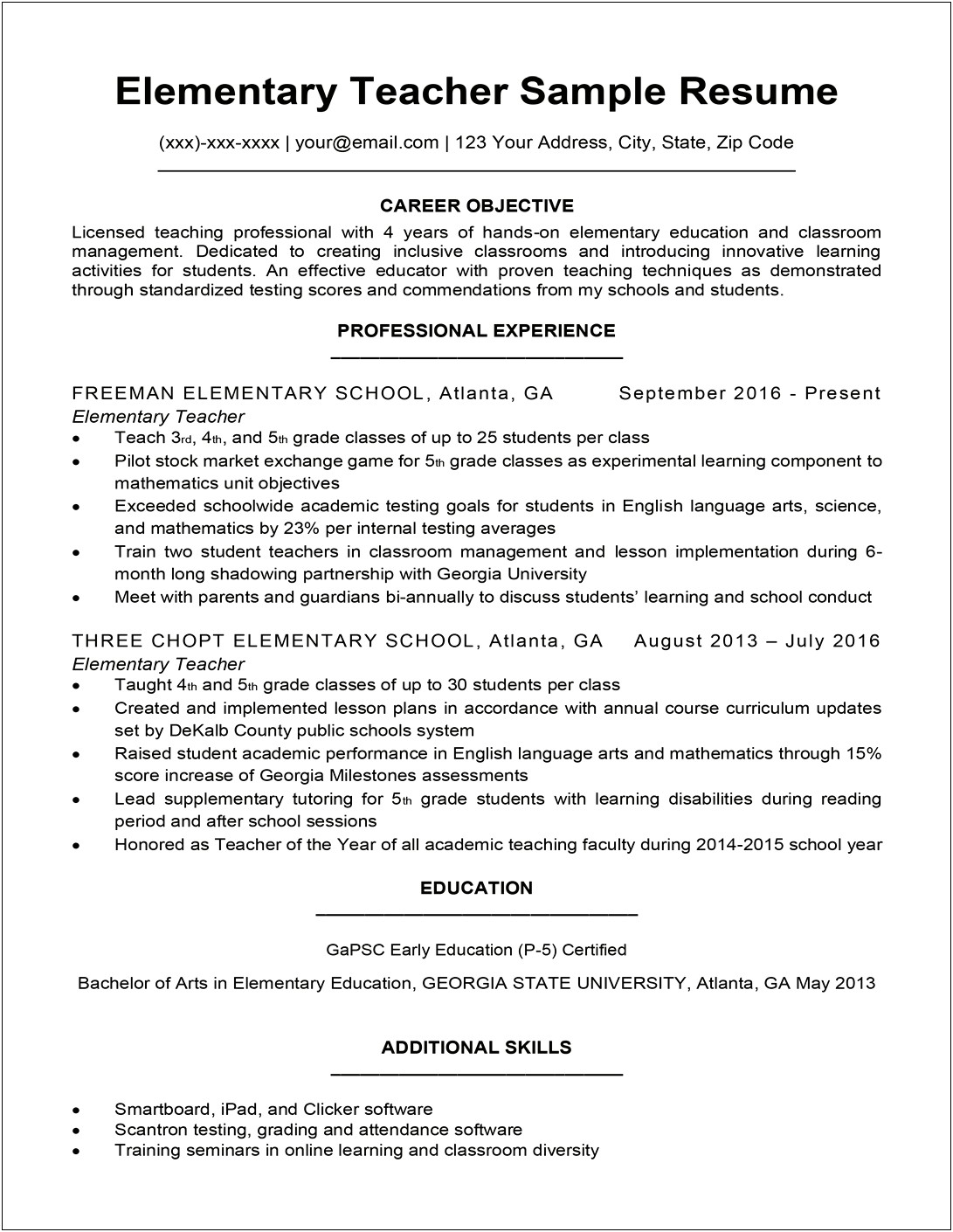 Free Sample Resume For Teachers With Experience