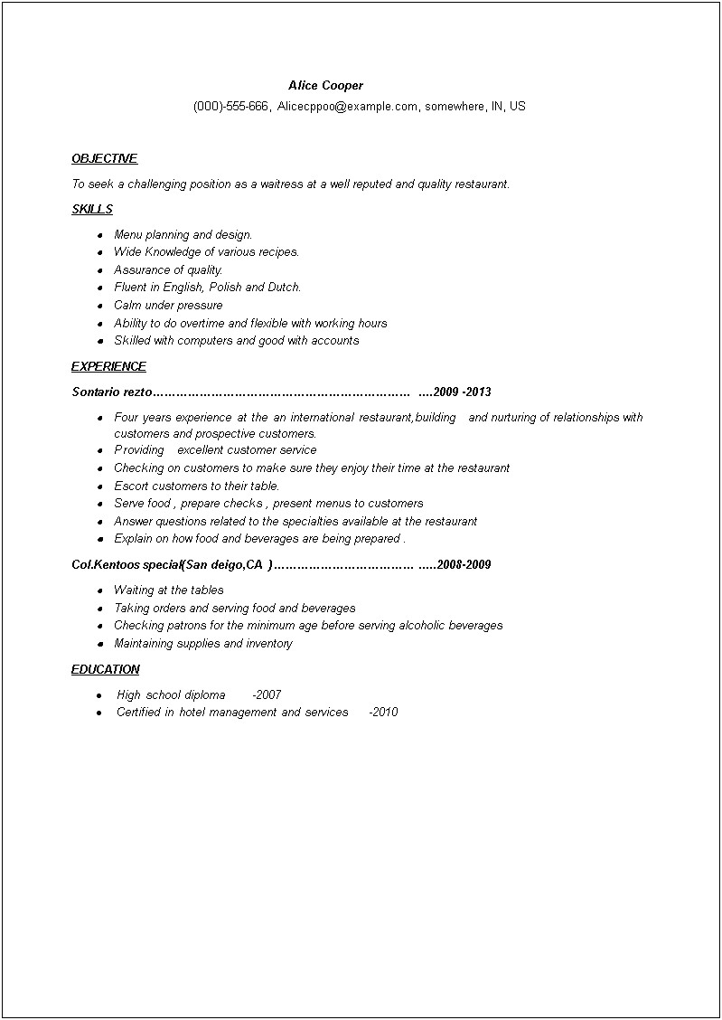Free Sample Resume For Waitress Position