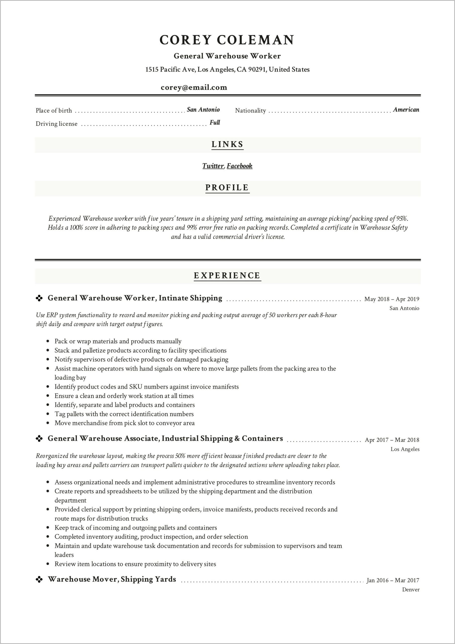 Free Sample Resume For Warehouse Position