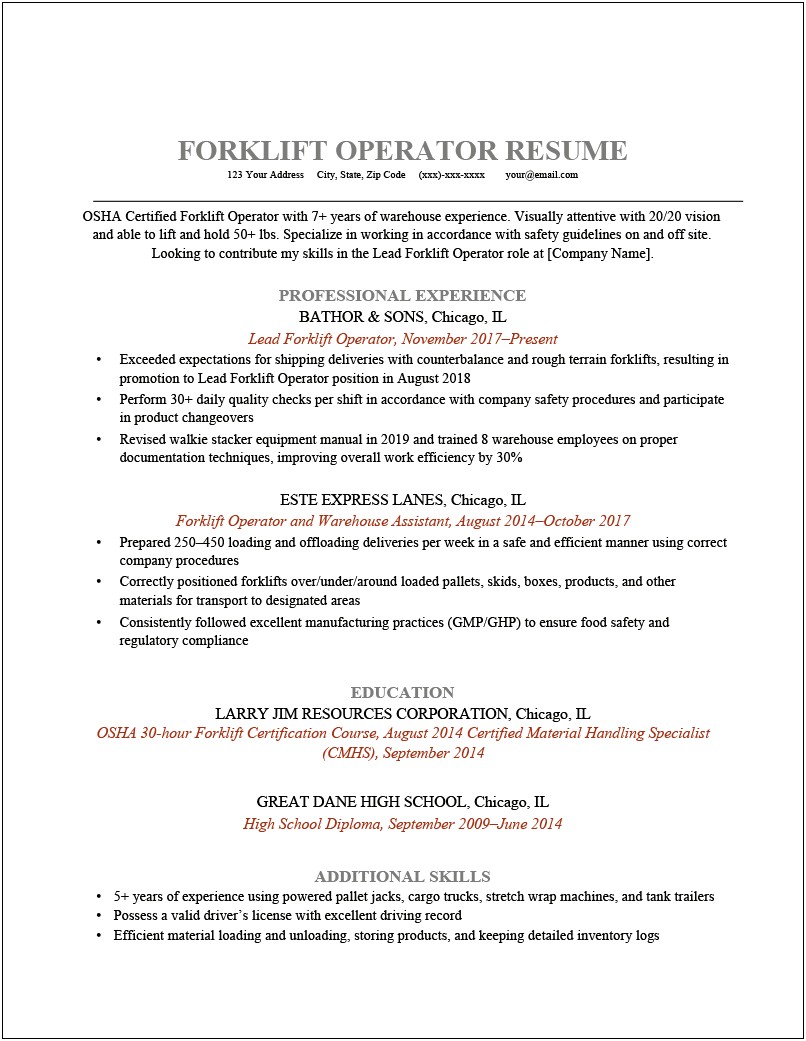 Free Sample Resume Machine Operator
