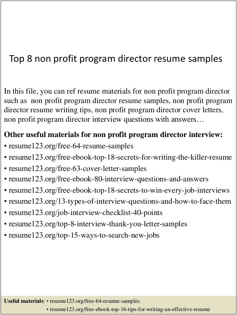Free Sample Resume Non Profit Program Clinical Director