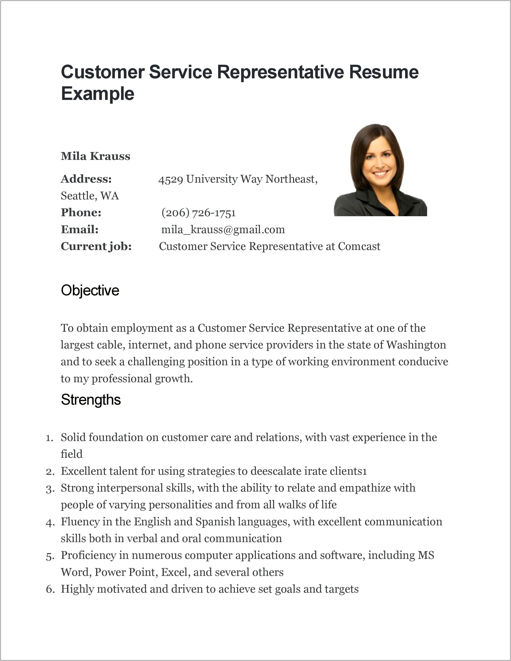 Free Sample Resume Objectives Customer Service