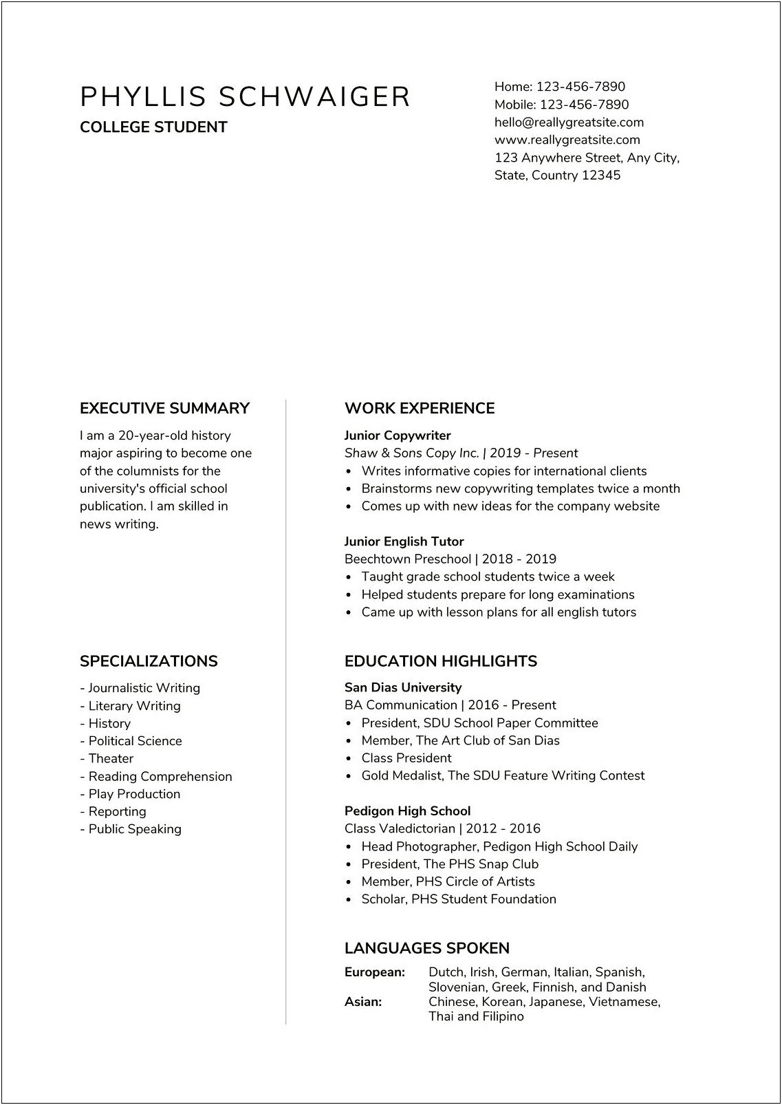 Free Student Resume For College