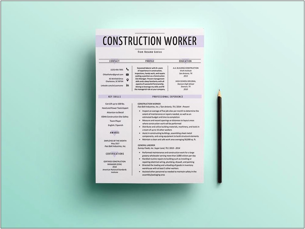 Free Template Of Construction Resume Examples