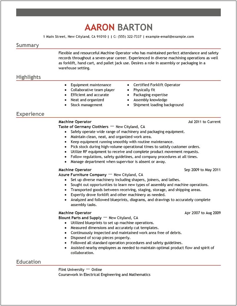 Free Templates For Production Operaters Resume