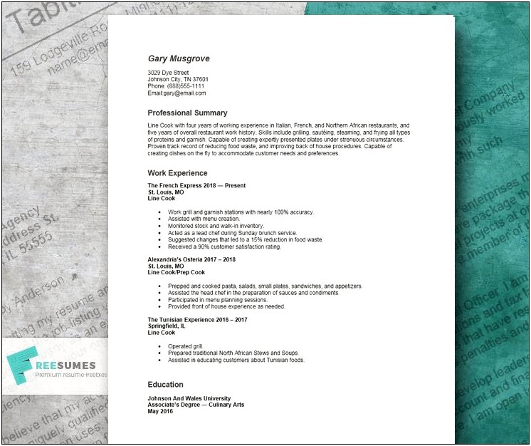 Free Word Resume Template Line Cook