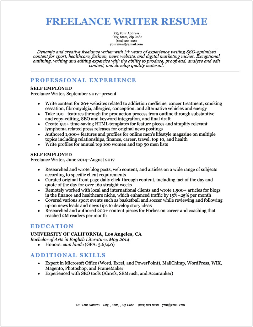 Freelance Content Creator Manager Resume