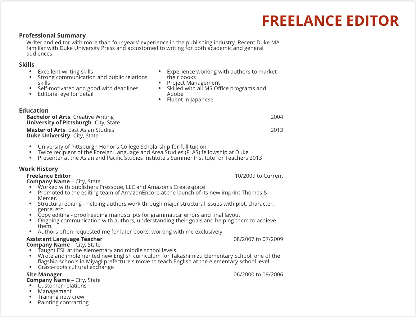 Freelance Copy Editor Resume Example