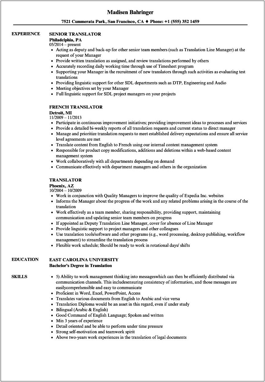 Freelance Translator Job Descriptionvfor Resume