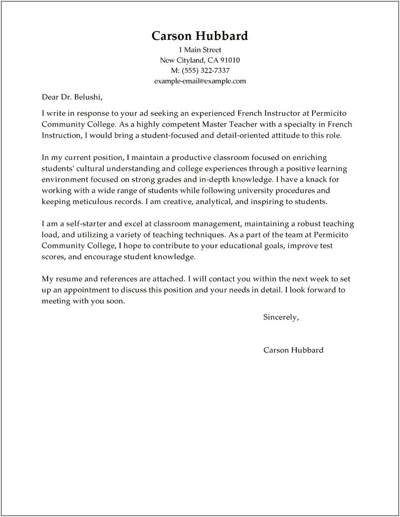 French Resume Cover Letter Example