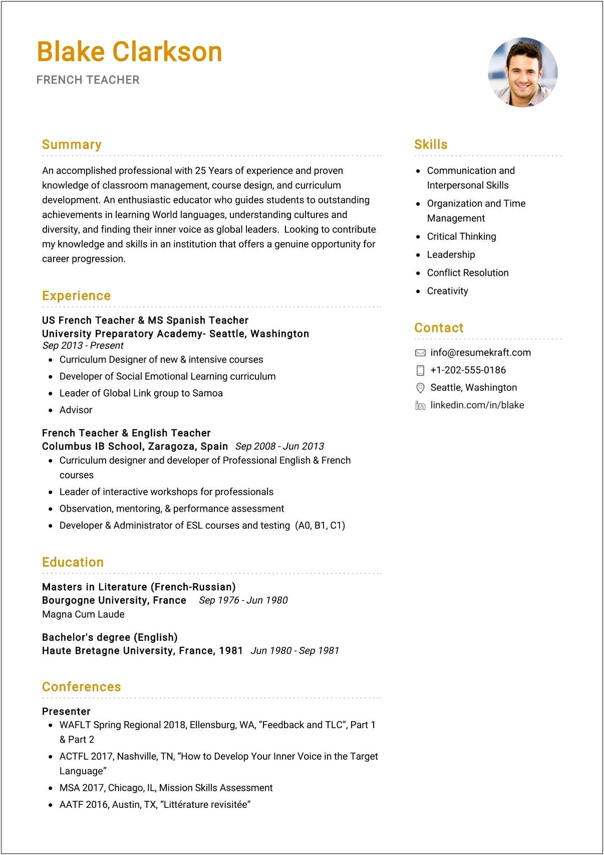 French Resume Sample In English