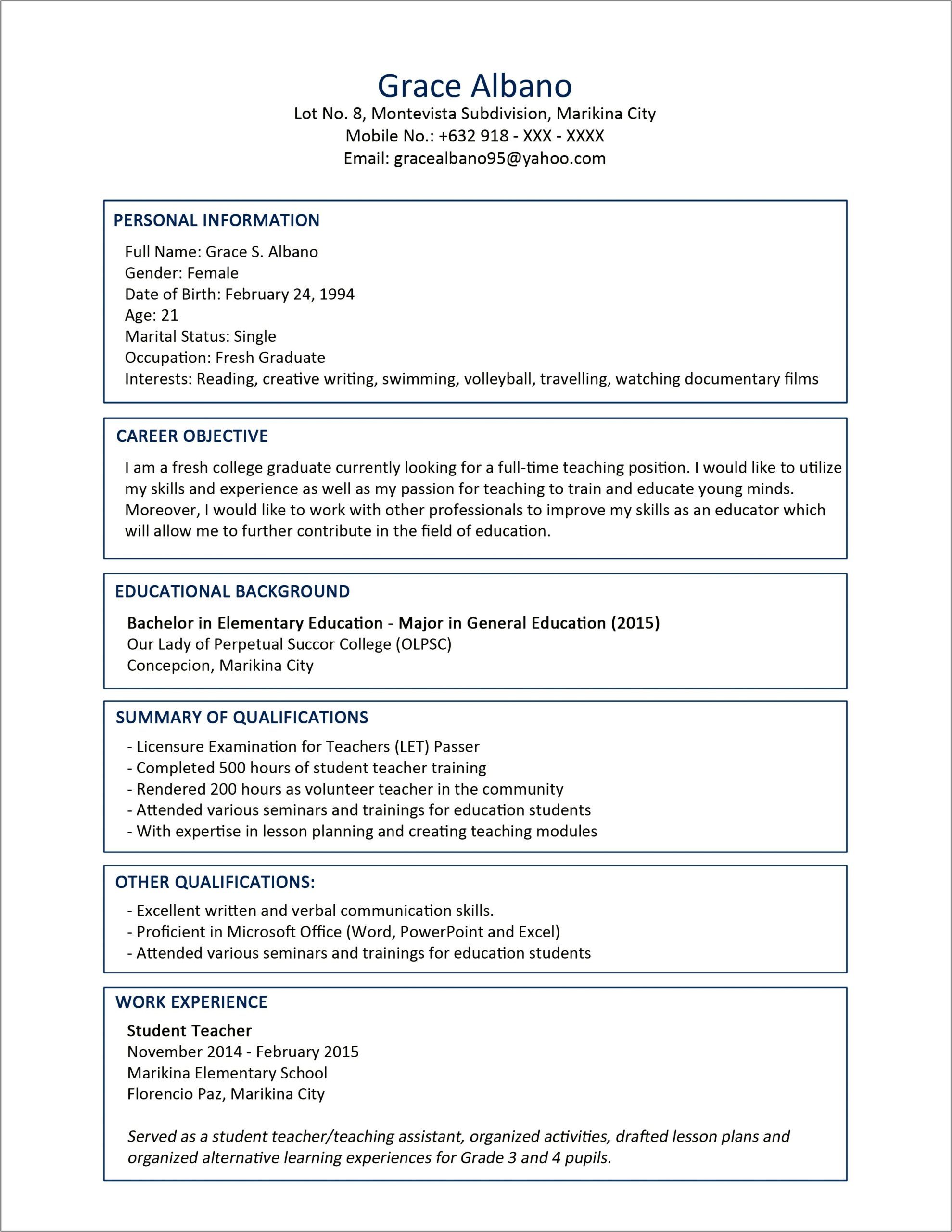 Fresh Out Of College Resume Summary