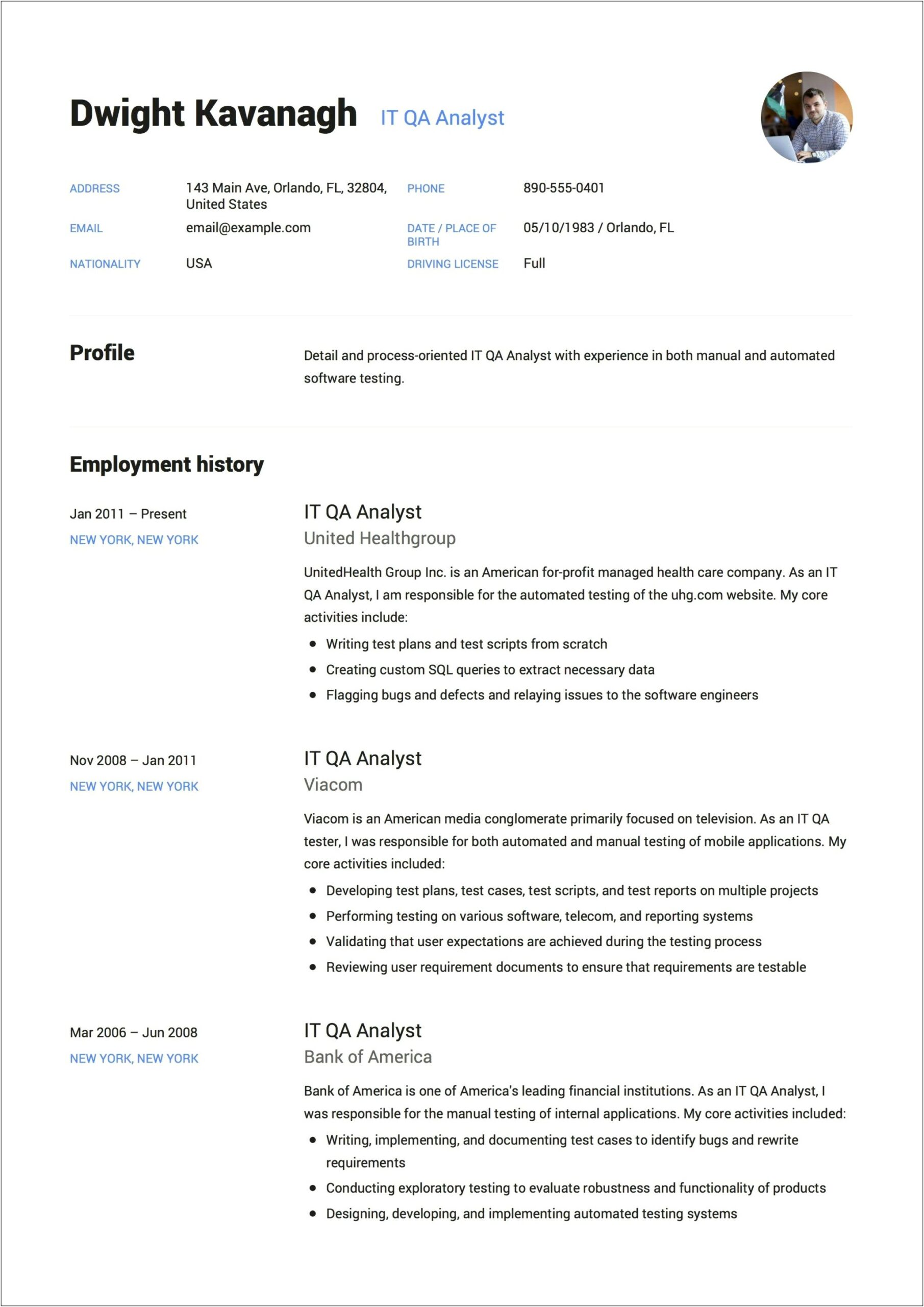Fresher Resume Template For Qa Web Automation Test