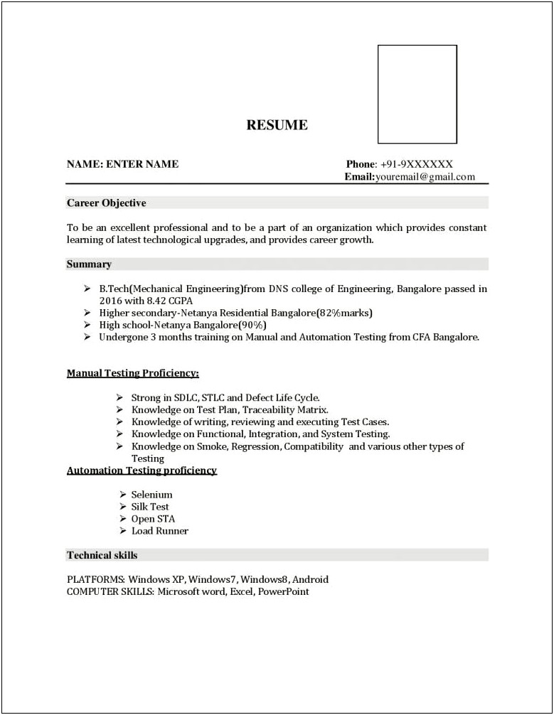 Fresher Resume With Excel Skills