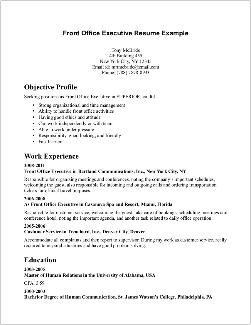Front Desk Agent Resume Objective