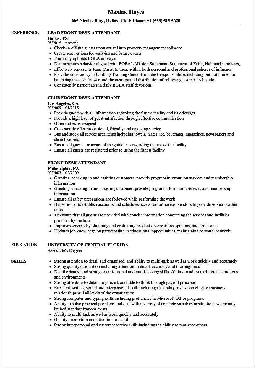 Front Desk Associate Resume Objective