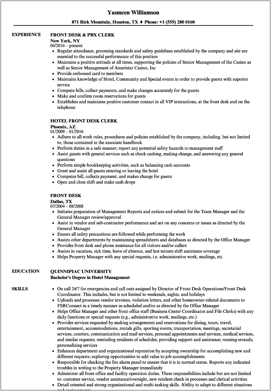 Front Desk Hotel Resume Example