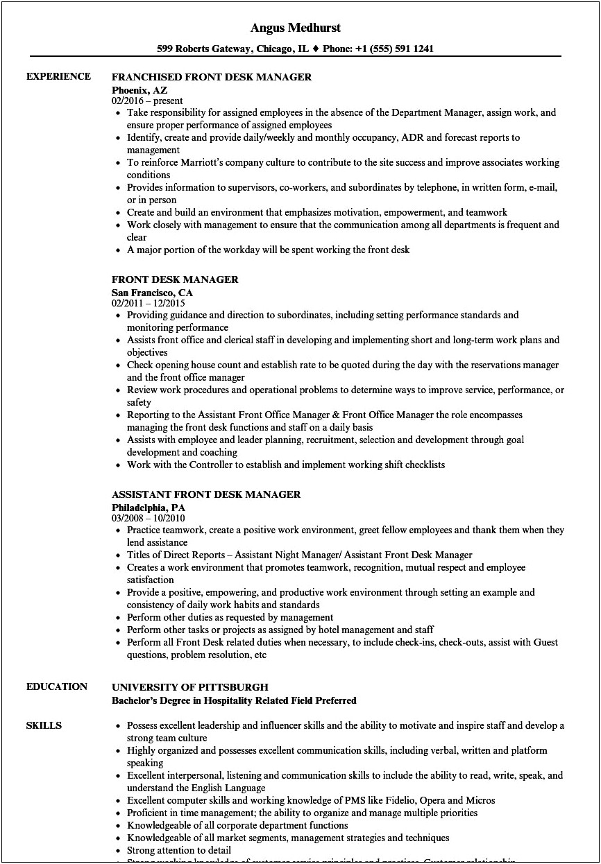 Front Desk Manager Job Description Resume