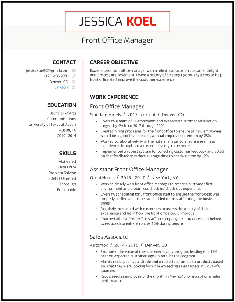 Front Desk Manager Skills Resume