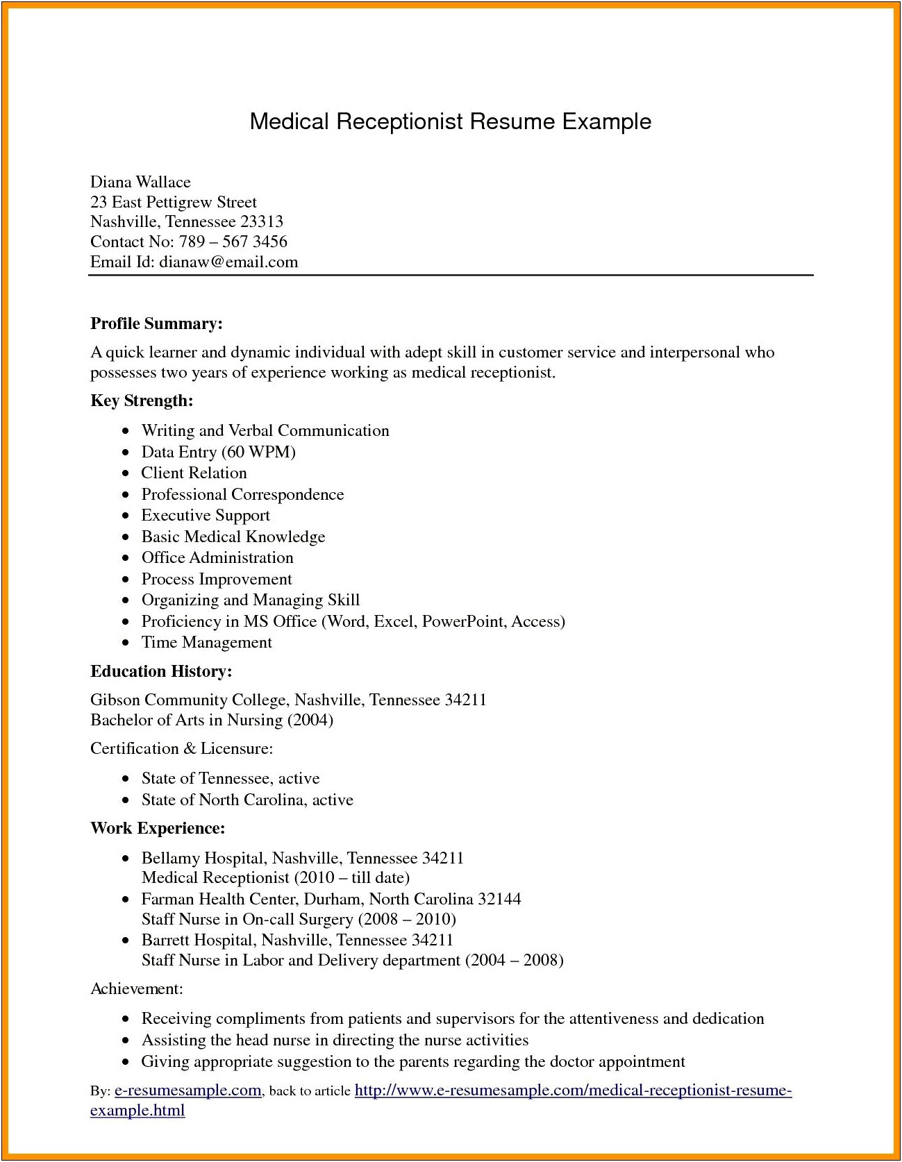 Front Desk Medical Receptionist Job Description Resume