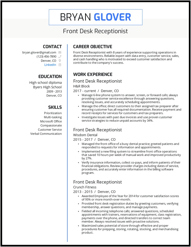 Front Desk Receptionist For A School Resume
