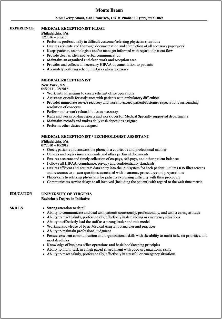 Front Desk Receptionist In Medical Office Resume Example
