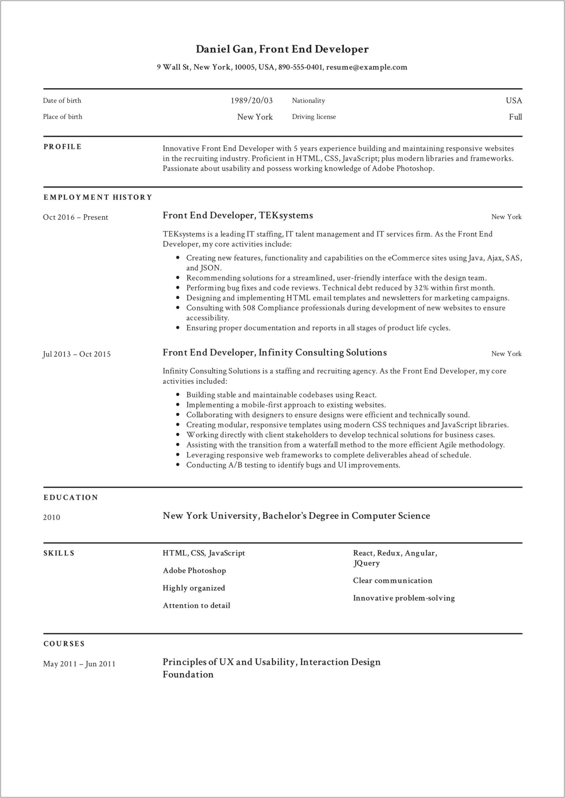 Front End Dev Summary Samples For Resume