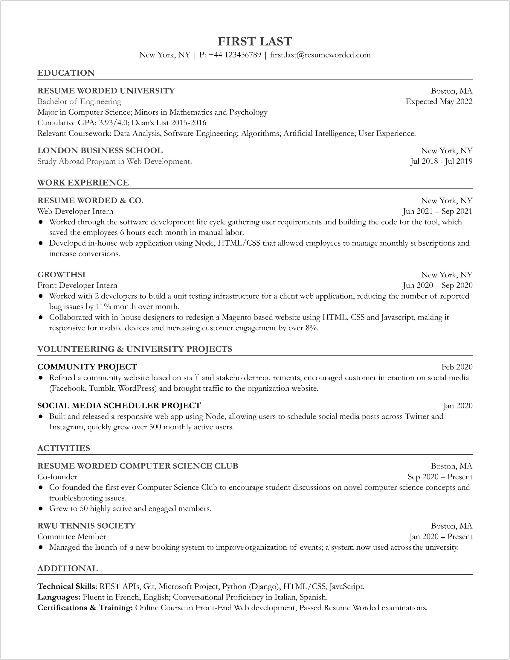 Front End Developer Resume Fresh Out Of School