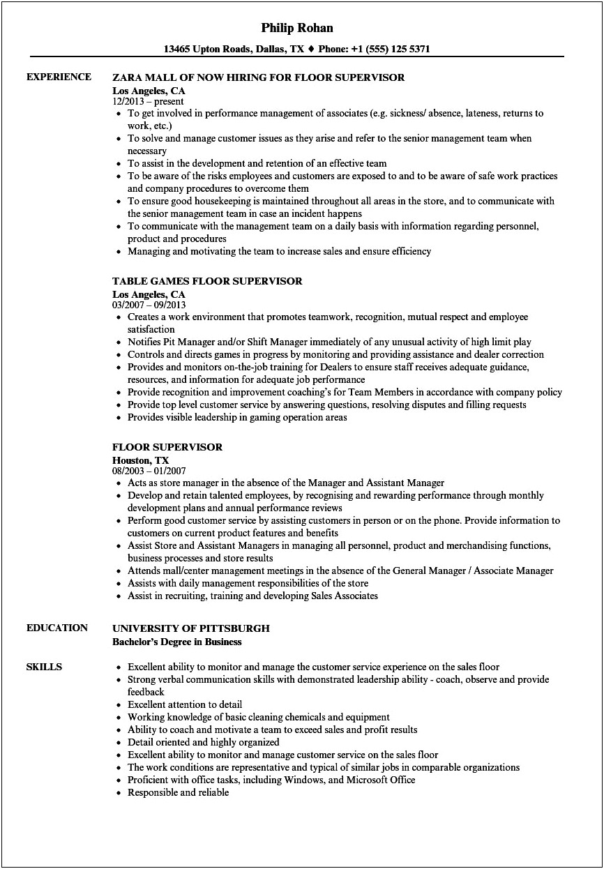 Front End Supervisor Resume Examples