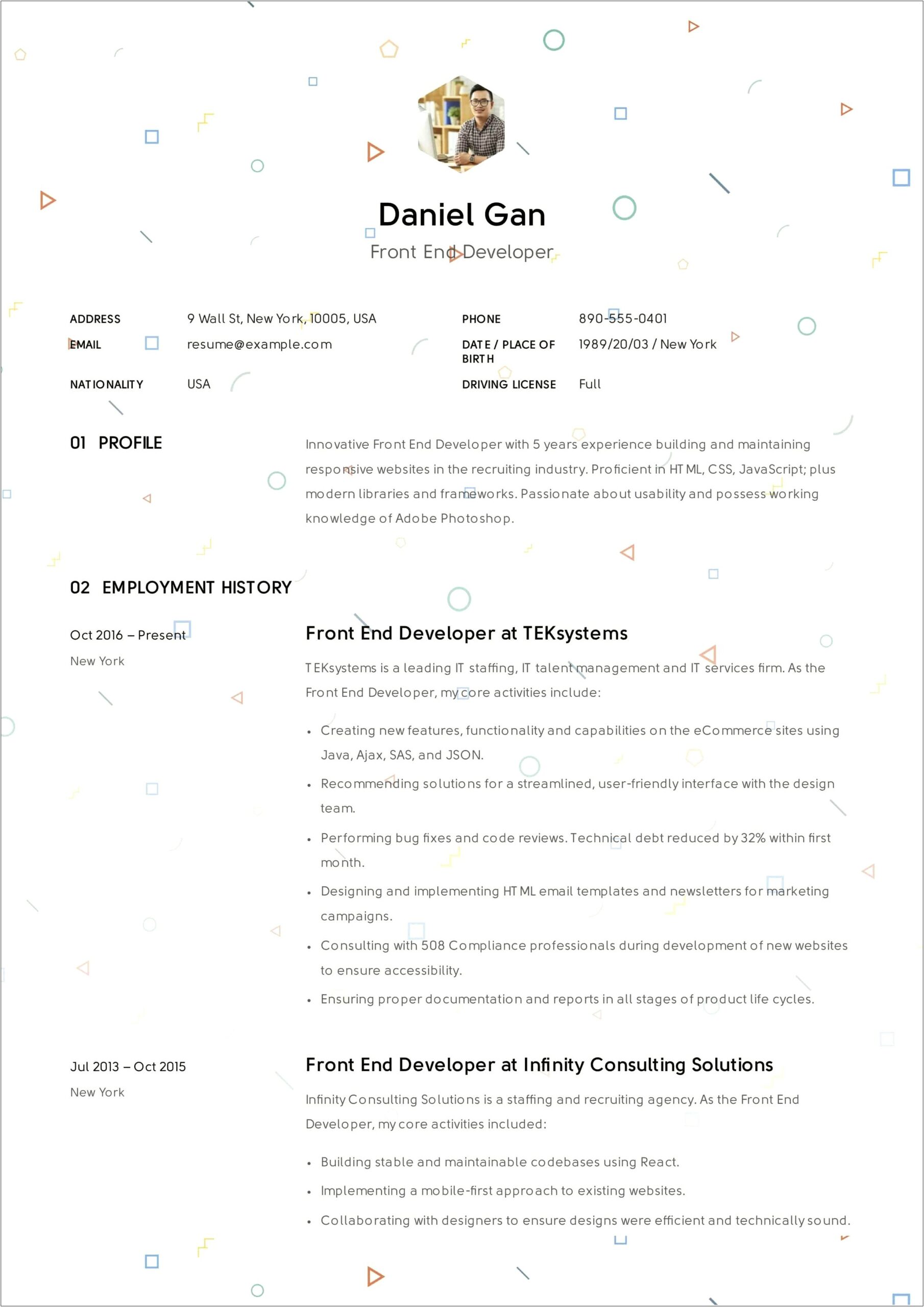 Front End Ui Developer Sample Resume